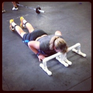 Bar-facing burpees. Yes, I am so tired I'm resting my head on the PVC pipes I was jumping over. 